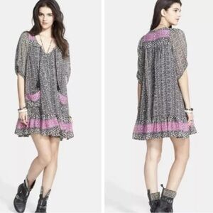Free People, Penny Lane Black Pink Chiffon Tunic Dress, XS